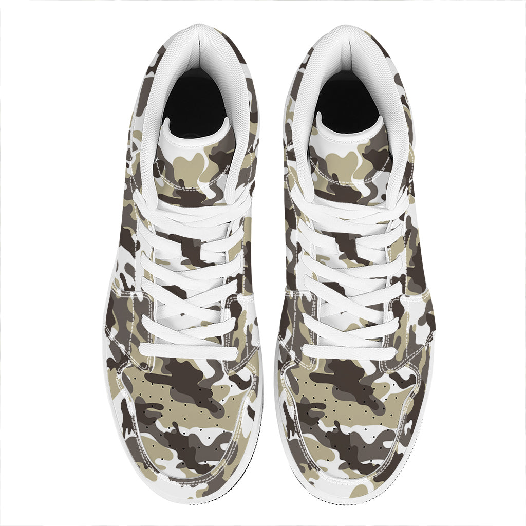 Brown And White Camouflage Print High Top Leather Sneakers