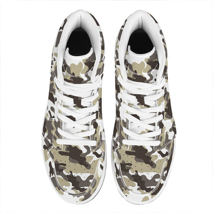 Brown And White Camouflage Print High Top Leather Sneakers
