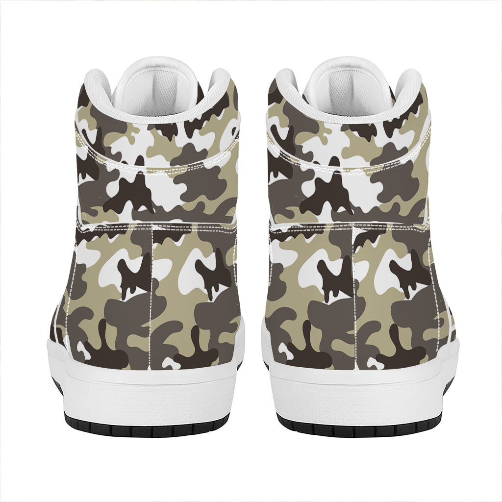 Brown And White Camouflage Print High Top Leather Sneakers