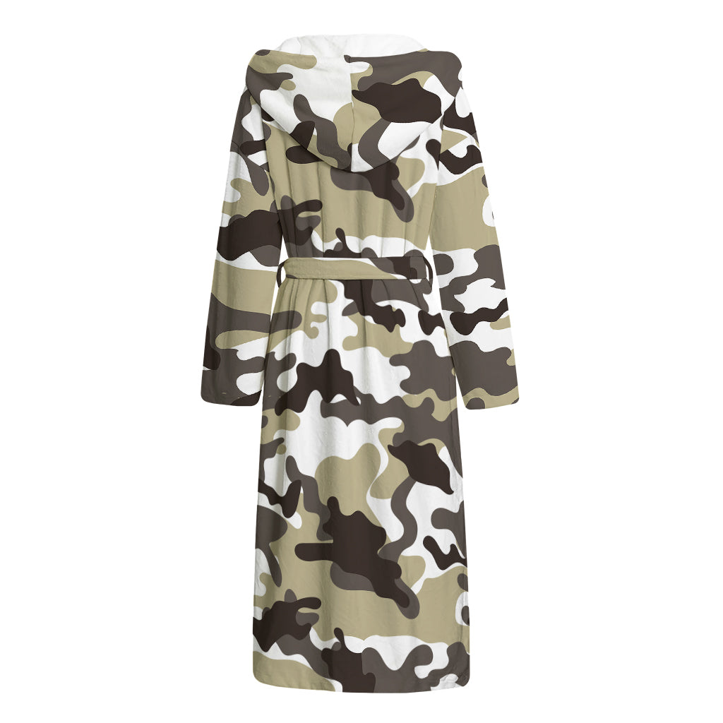 Brown And White Camouflage Print Hooded Bathrobe