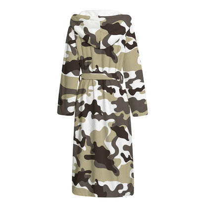 Brown And White Camouflage Print Hooded Bathrobe