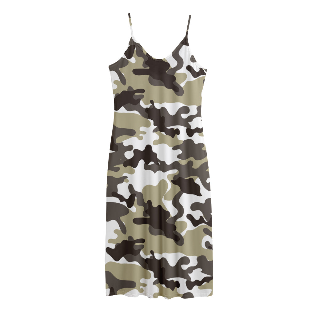 Brown And White Camouflage Print Jersey Midi Cami Dress