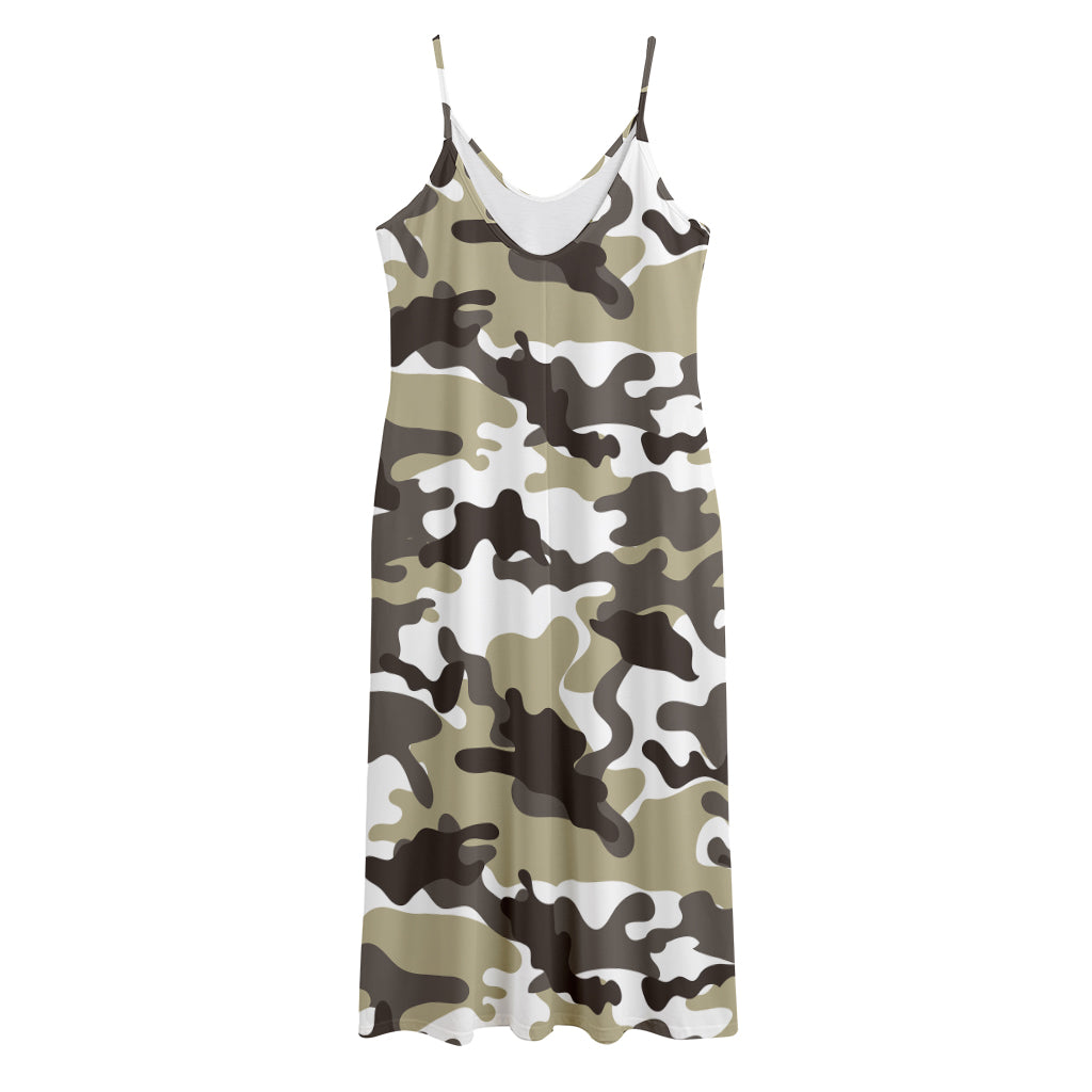 Brown And White Camouflage Print Jersey Midi Cami Dress