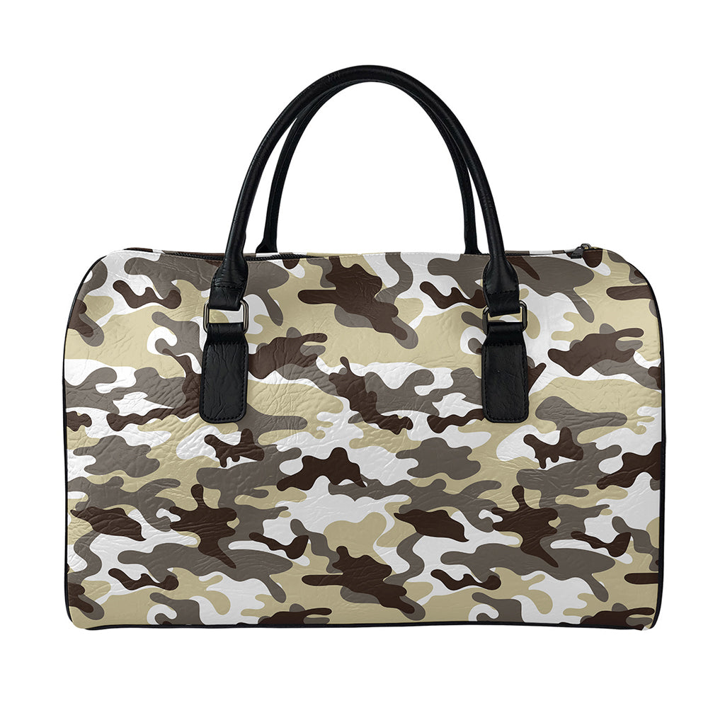 Brown And White Camouflage Print Leather Duffle Bag