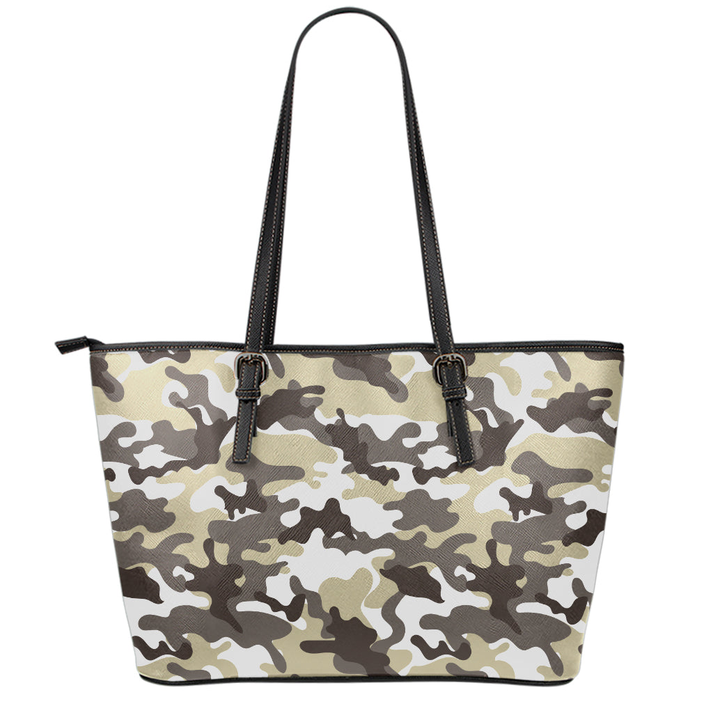 Brown And White Camouflage Print Leather Tote Bag