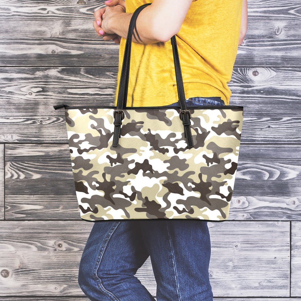 Brown And White Camouflage Print Leather Tote Bag