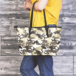Brown And White Camouflage Print Leather Tote Bag