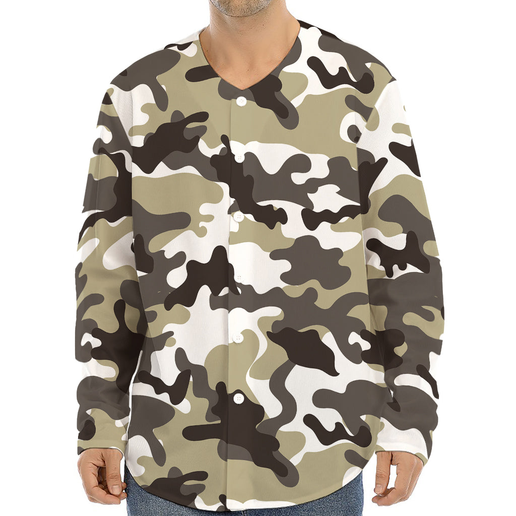 Brown And White Camouflage Print Long Sleeve Baseball Jersey