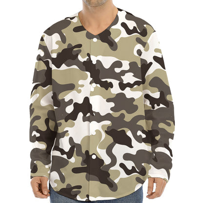 Brown And White Camouflage Print Long Sleeve Baseball Jersey