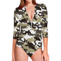 Brown And White Camouflage Print Long Sleeve Swimsuit