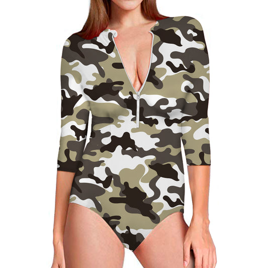 Brown And White Camouflage Print Long Sleeve Swimsuit