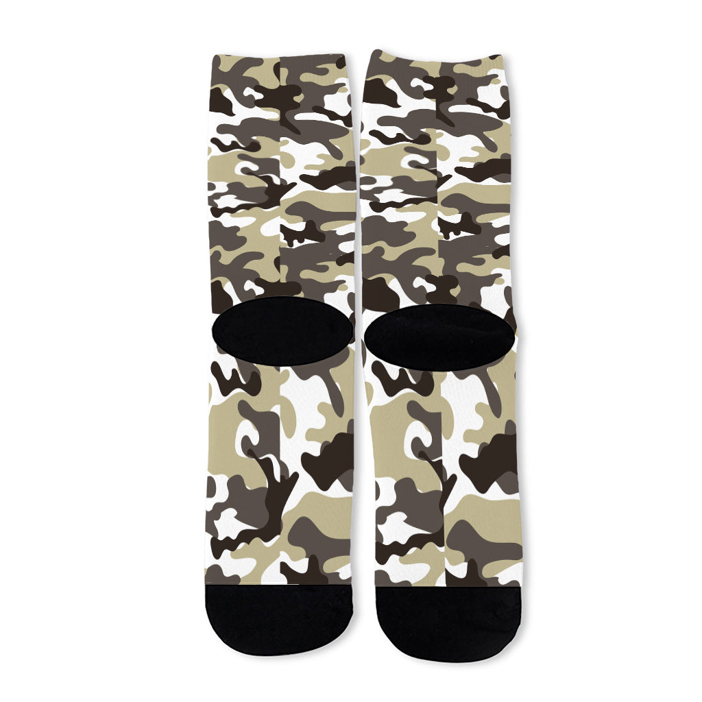 Brown And White Camouflage Print Long Socks