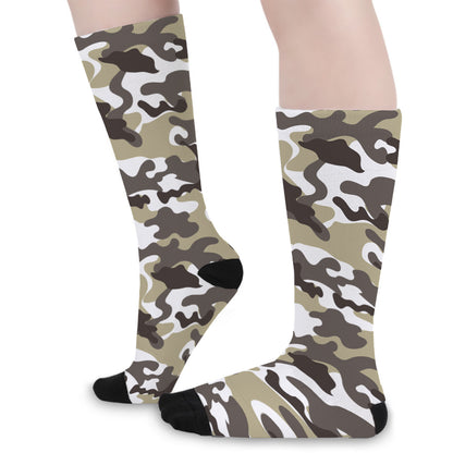 Brown And White Camouflage Print Long Socks