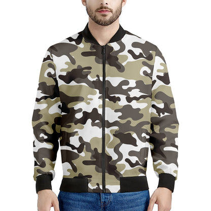 Brown And White Camouflage Print Men's Bomber Jacket