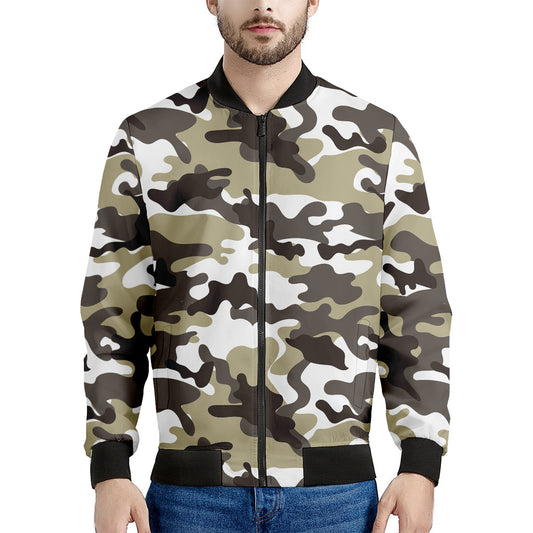 Brown And White Camouflage Print Men's Bomber Jacket