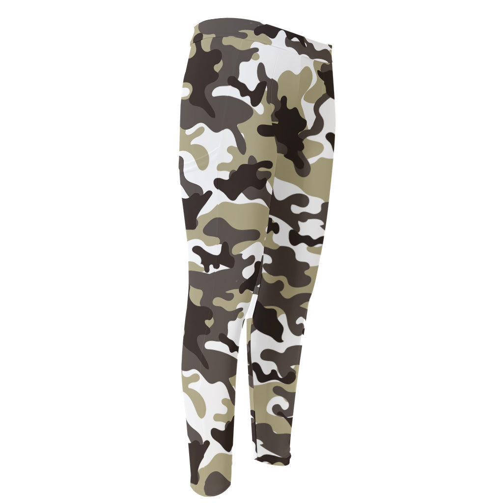 Brown And White Camouflage Print Men's Compression Pants
