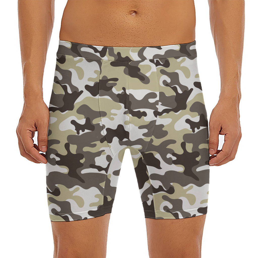 Brown And White Camouflage Print Men's Long Boxer Briefs