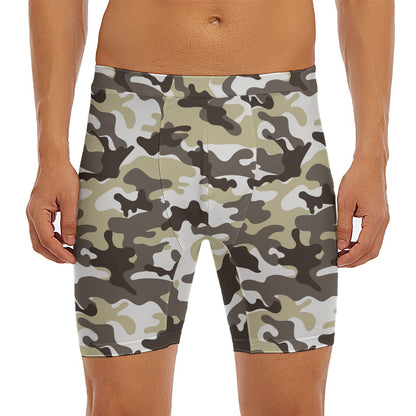 Brown And White Camouflage Print Men's Long Boxer Briefs