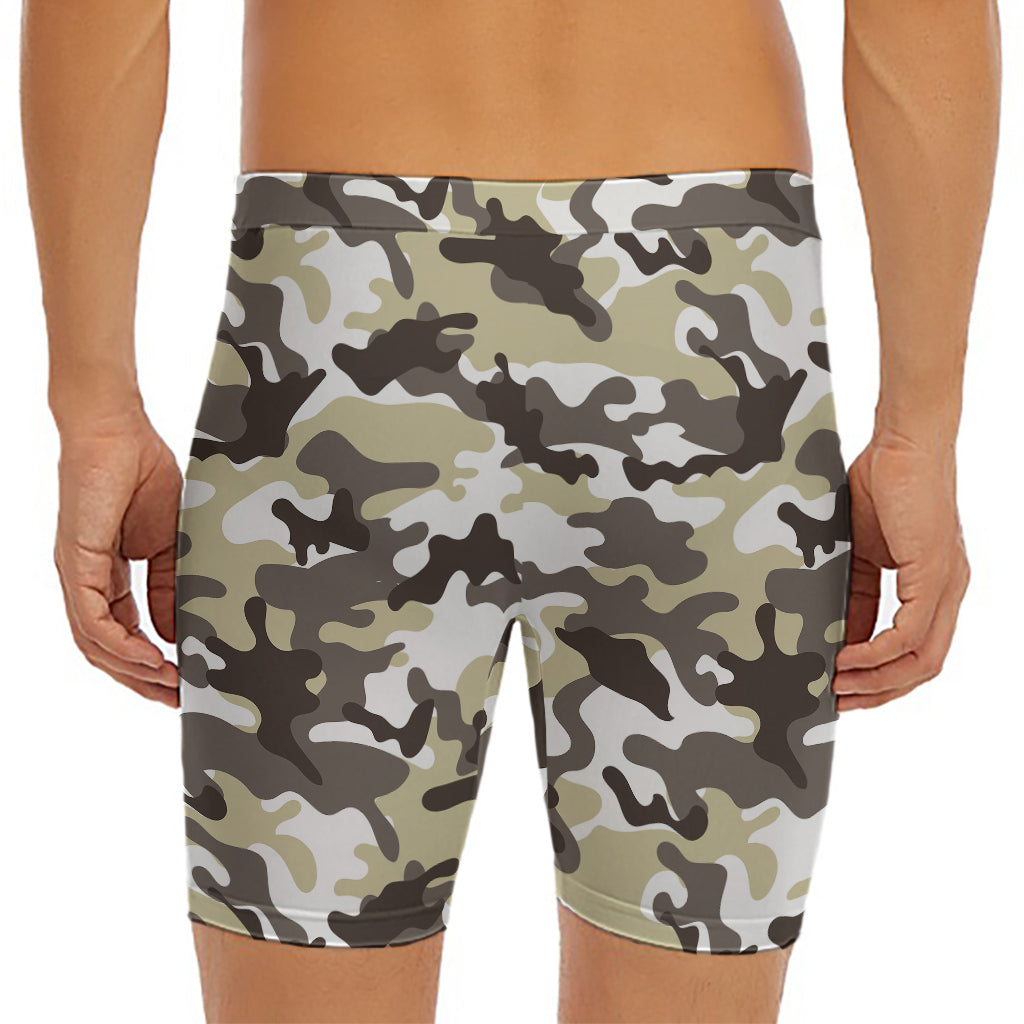 Brown And White Camouflage Print Men's Long Boxer Briefs