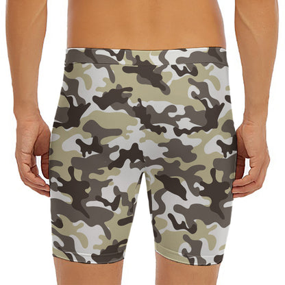 Brown And White Camouflage Print Men's Long Boxer Briefs