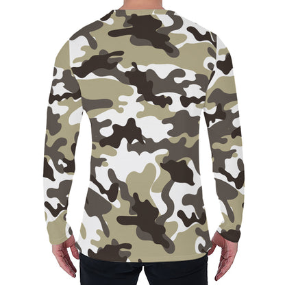 Brown And White Camouflage Print Men's Long Sleeve T-Shirt