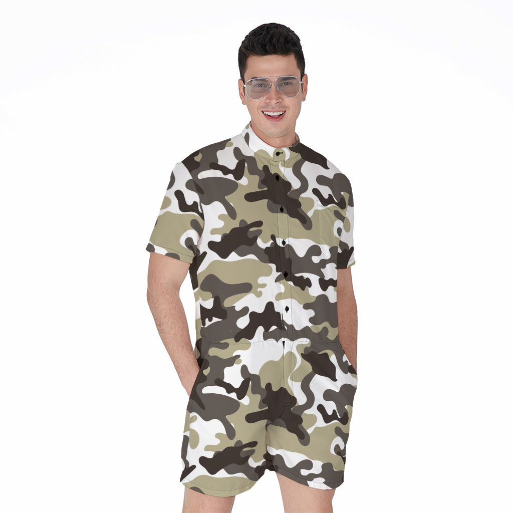 Brown And White Camouflage Print Men's Rompers