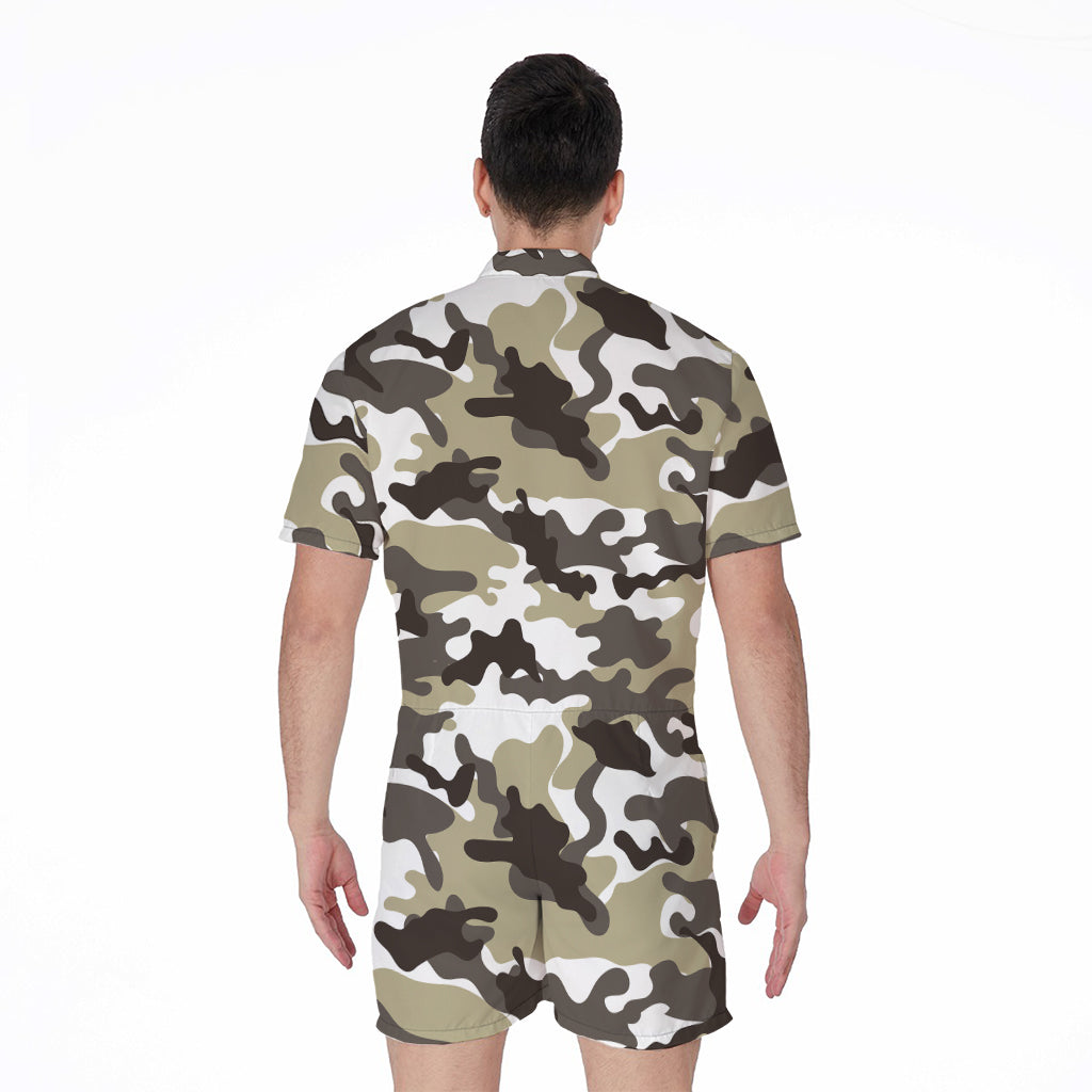 Brown And White Camouflage Print Men's Rompers
