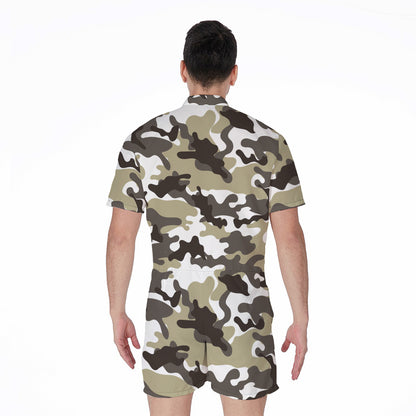 Brown And White Camouflage Print Men's Rompers