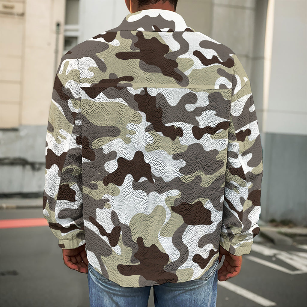 Brown And White Camouflage Print Men's Shirt Jacket