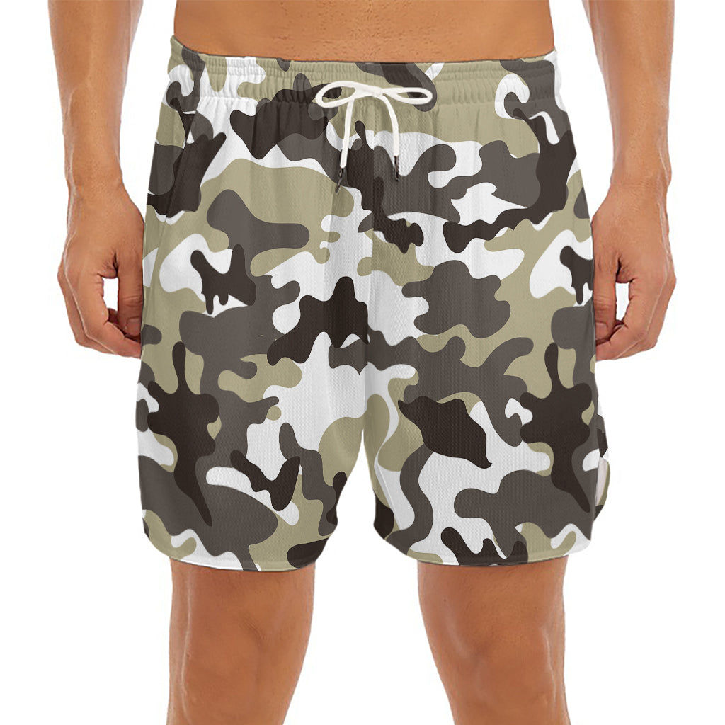 Brown And White Camouflage Print Men's Split Running Shorts