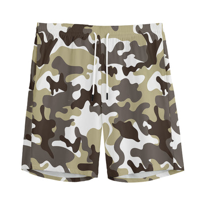 Brown And White Camouflage Print Men's Sports Shorts