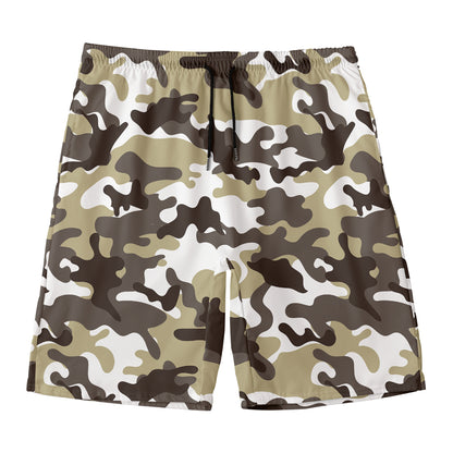Brown And White Camouflage Print Men's Swim Trunks