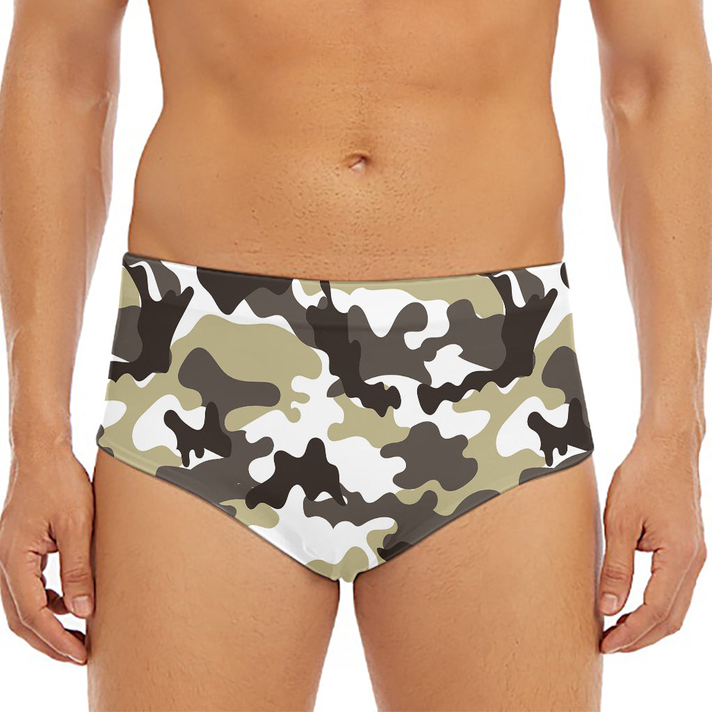 Brown And White Camouflage Print Men's Triangle Swim Briefs