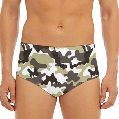 Brown And White Camouflage Print Men's Triangle Swim Briefs