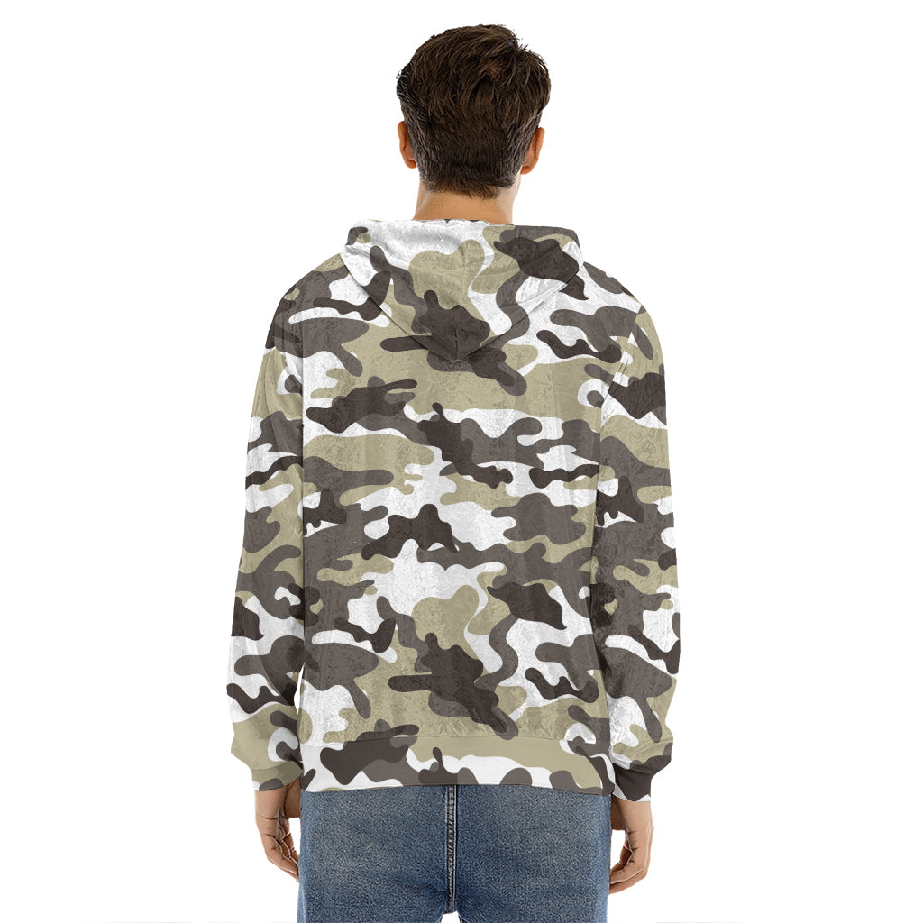 Brown And White Camouflage Print Men's Velvet Pullover Hoodie