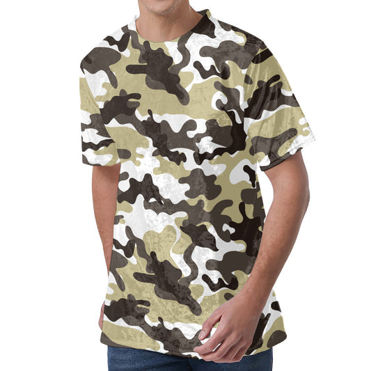 Brown And White Camouflage Print Men's Velvet T-Shirt