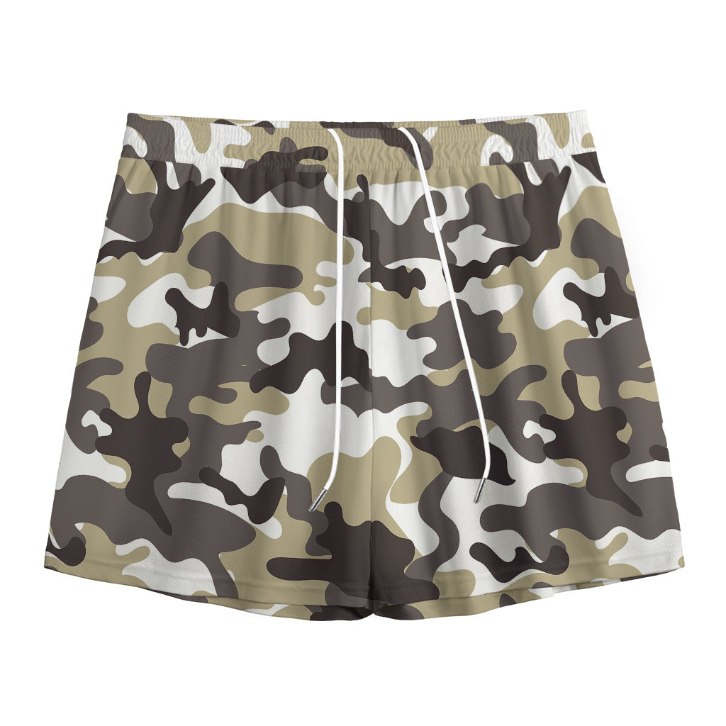 Brown And White Camouflage Print Mesh Shorts