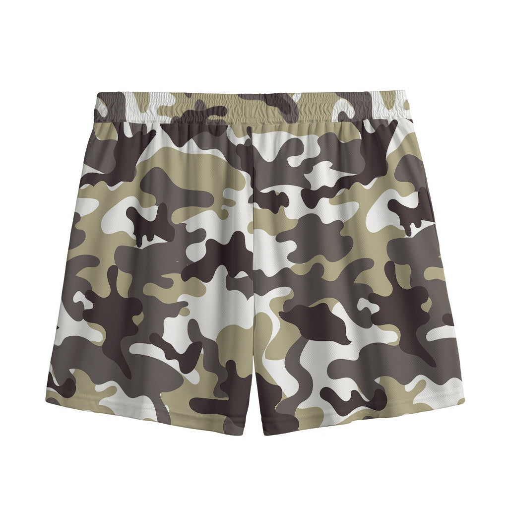 Brown And White Camouflage Print Mesh Shorts