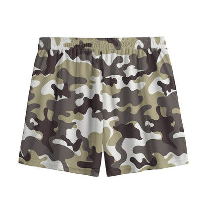 Brown And White Camouflage Print Mesh Shorts