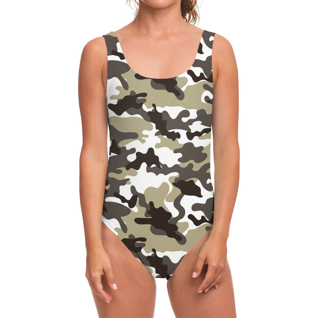 Brown And White Camouflage Print One Piece Swimsuit