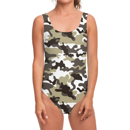 Brown And White Camouflage Print One Piece Swimsuit
