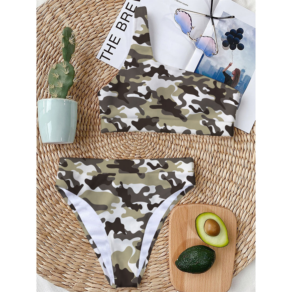 Brown And White Camouflage Print One Shoulder Bikini Top