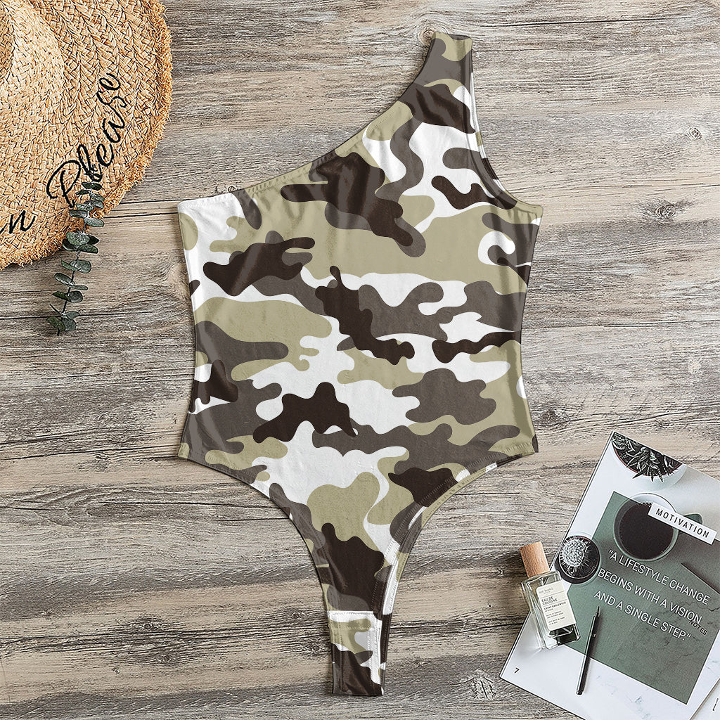 Brown And White Camouflage Print One Shoulder Bodysuit