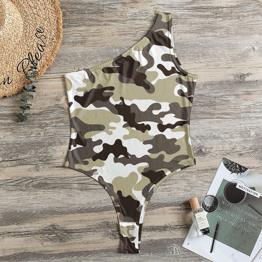 Brown And White Camouflage Print One Shoulder Bodysuit