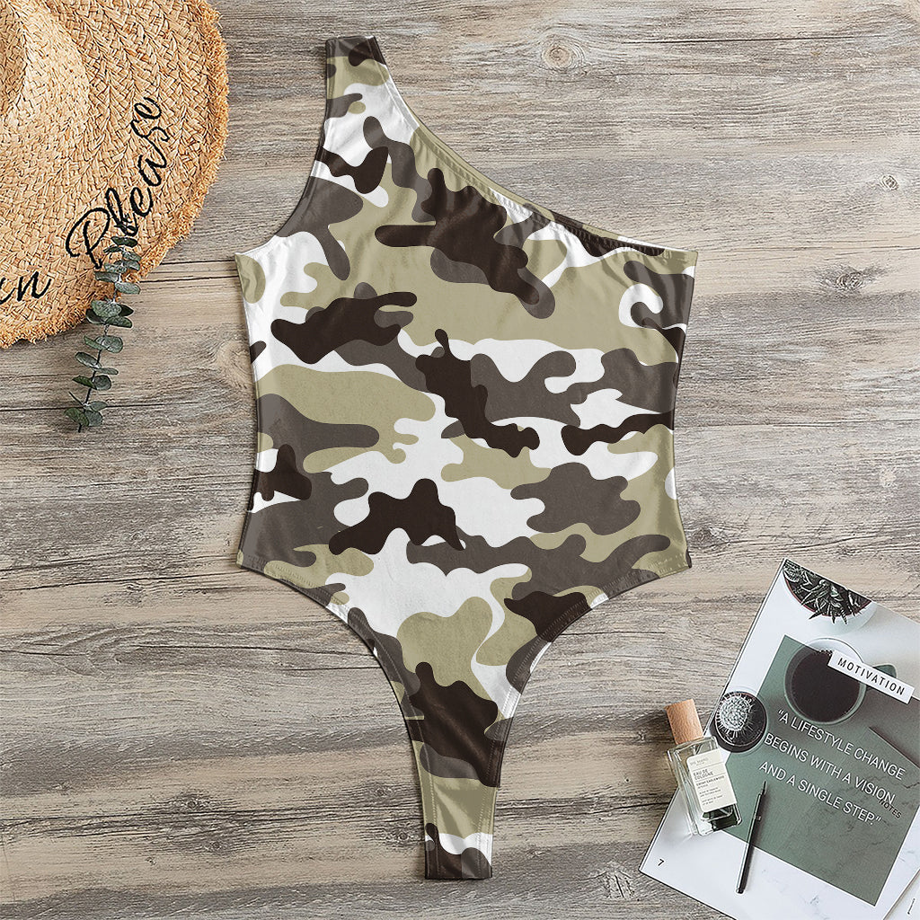 Brown And White Camouflage Print One Shoulder Bodysuit