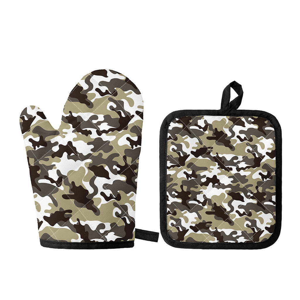 Brown And White Camouflage Print Oven Mitt And Pot Holder Set