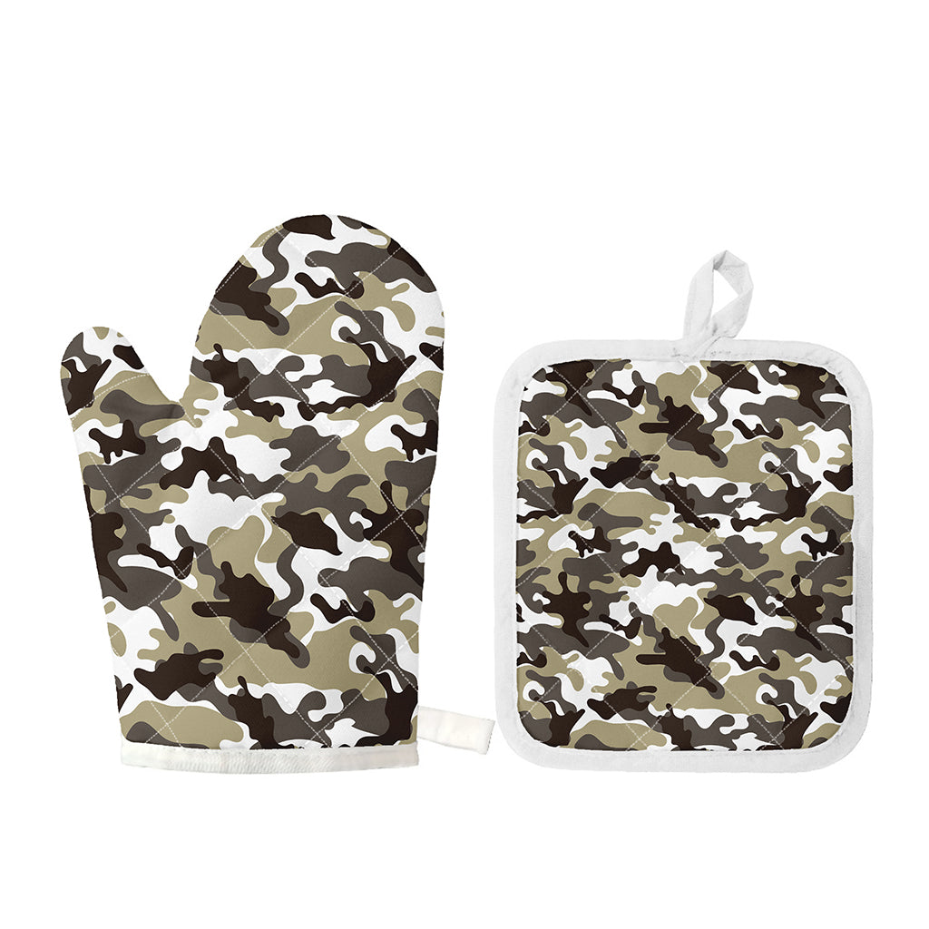 Brown And White Camouflage Print Oven Mitt And Pot Holder Set