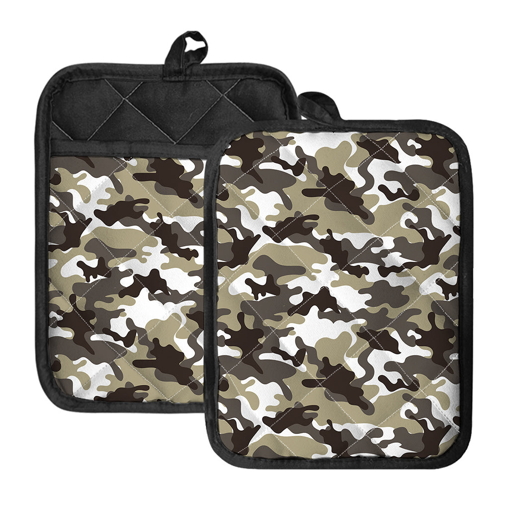 Brown And White Camouflage Print Pot Holders With Pocket