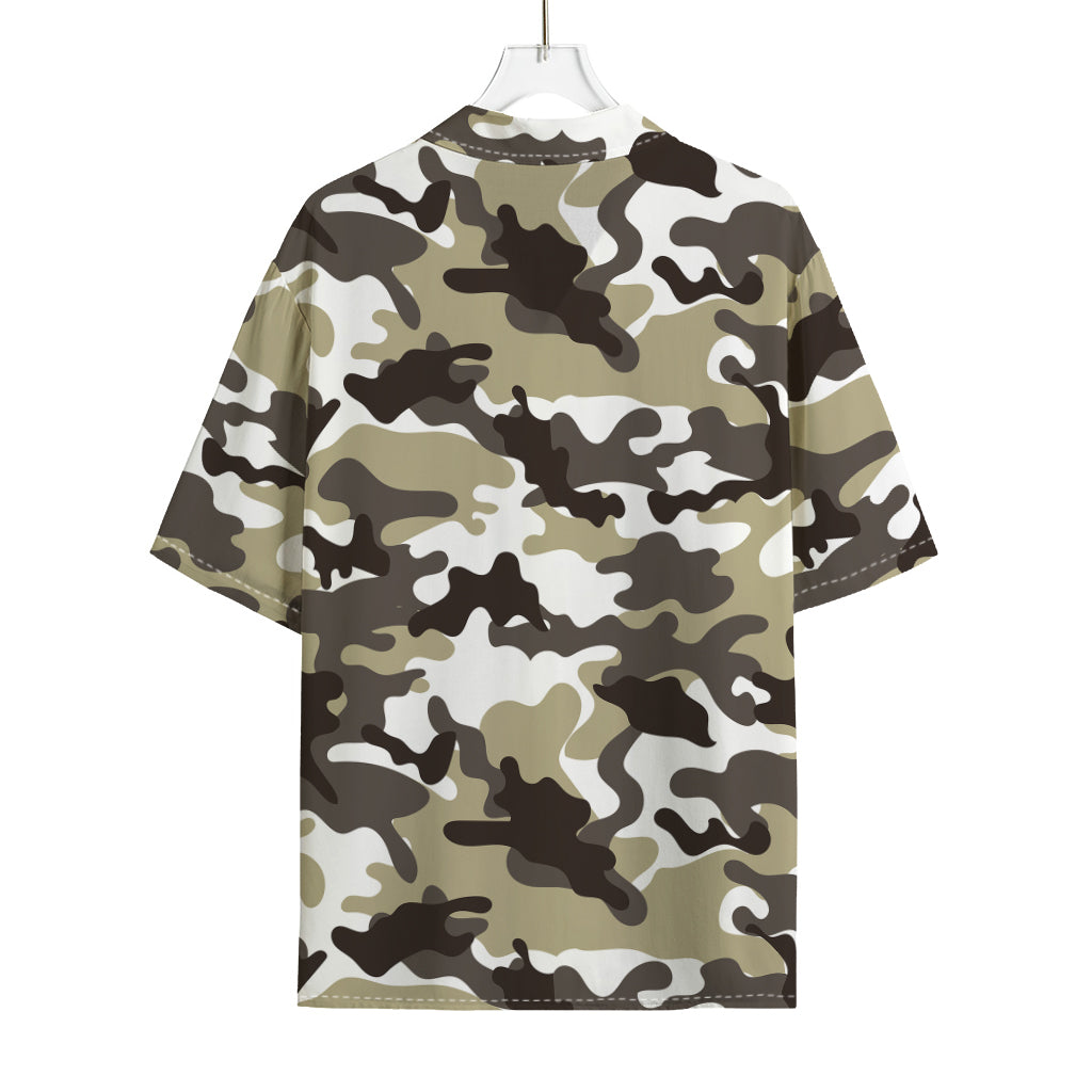 Brown And White Camouflage Print Rayon Hawaiian Shirt