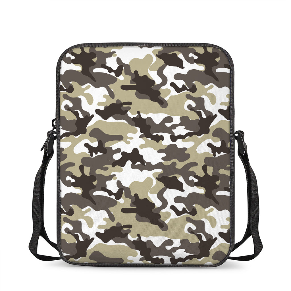 Brown And White Camouflage Print Rectangular Crossbody Bag